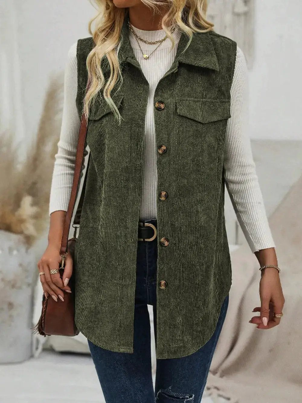 Women's corduroy lapel sleeveless vest shirt jacket by eprolo
