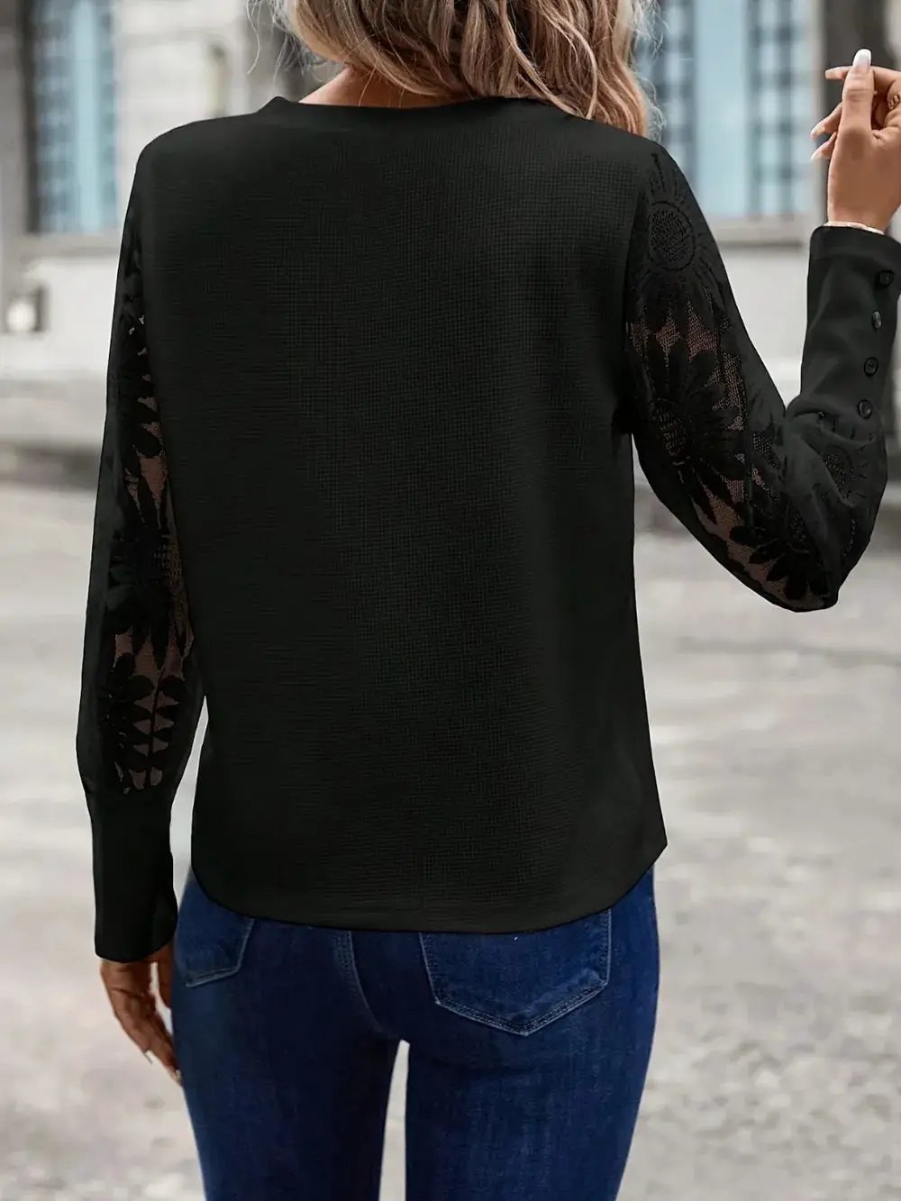 Solid color long sleeved embroidered lace patchwork waffle round neck top by Oz-Direct.com