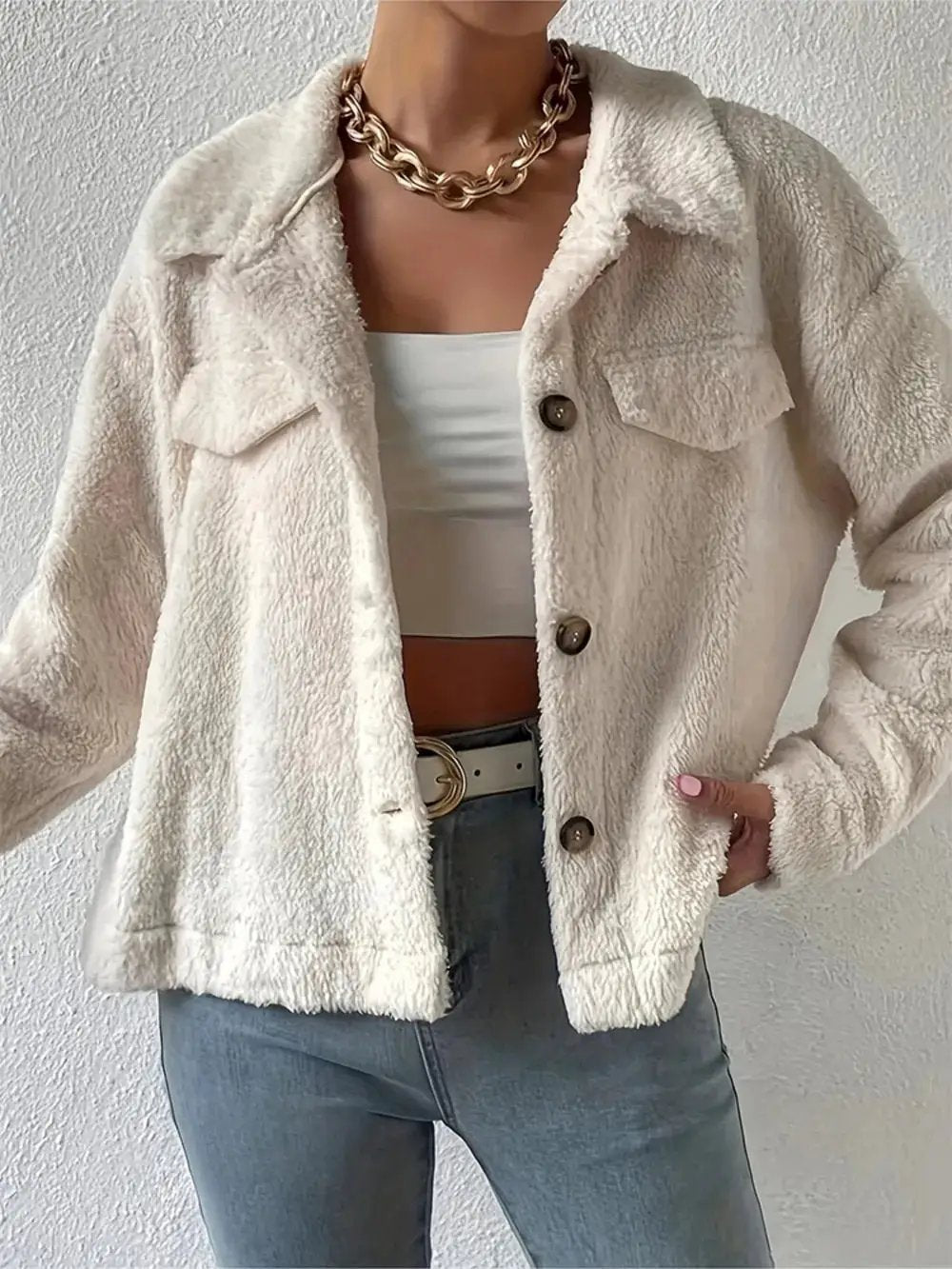 Collared Neck Button Up Jacket with Decorative Pocket Flaps by Oz-Direct.com