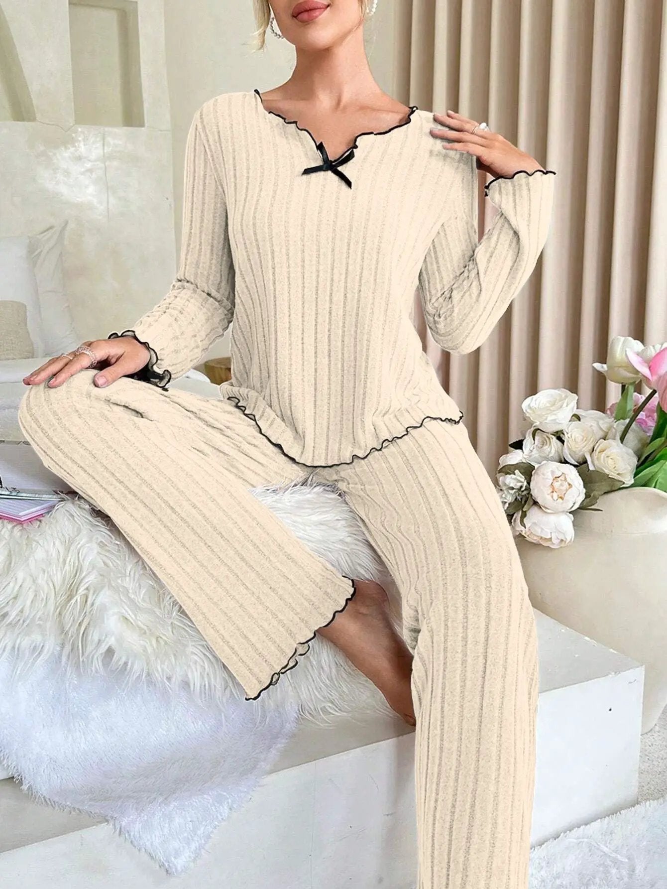 Cozy Women's Home Wear Set with Black Trim and Braided Edge Casual Sleepwear for Autumn and Winter by Oz-Direct.com