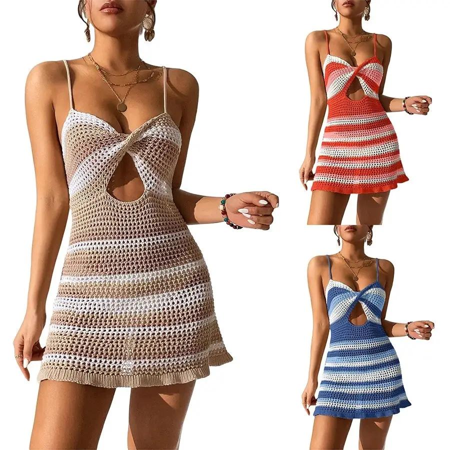 Women Knitted Spaghetti Strap Dress Summer Stripes Twisted Crochet Cutout Party Mini Dress For Beach Cocktail Nightclub by Oz-Direct.com