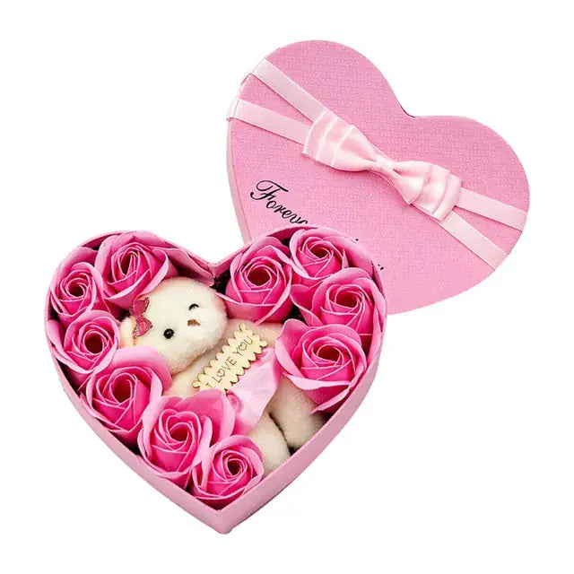 10 Heart-shape Soap Flower Gift Box Valentines Day Scented Rose Petals with Bear Christmas Birthday Wedding Gift For Girlfriend by Oz-Direct.com