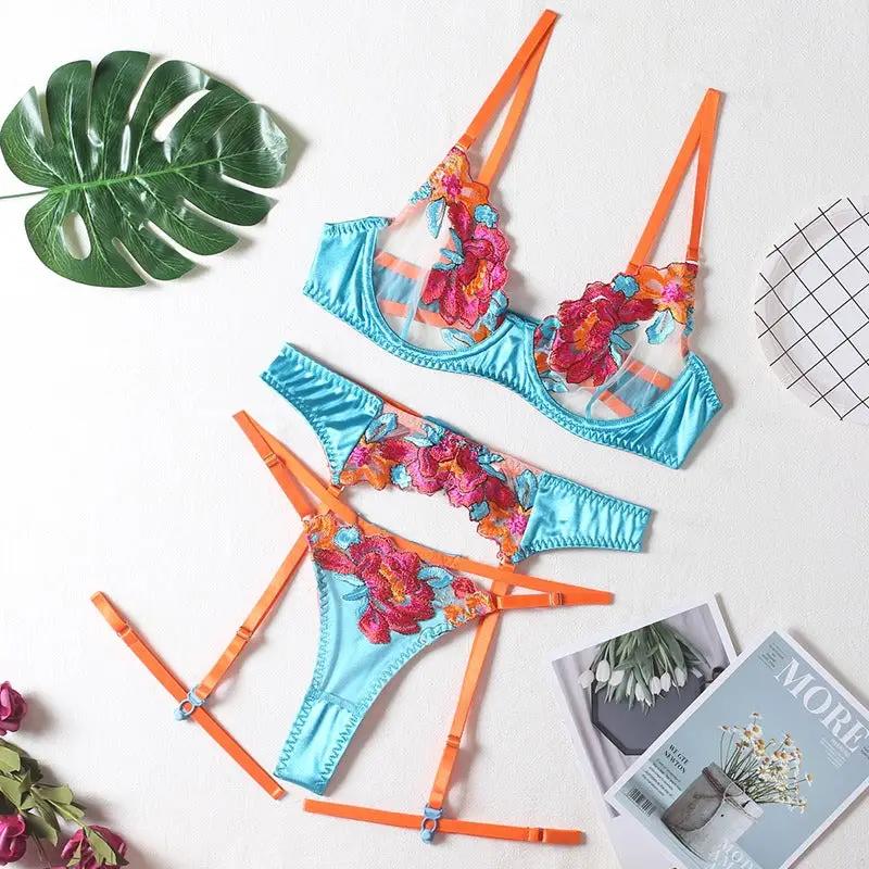 Sexy Patchwork Color Embroidery Large Floral Belt Underwire Bra Garter Leg Girt Thong Sexy Underwear Four-Piece Set by Oz-Direct.com
