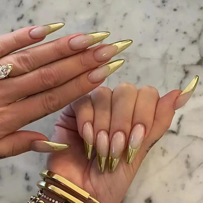 Simple pearlescent gold French almond nail wear nails special nail pieces wholesale finished wind fake nails by Oz-Direct.com