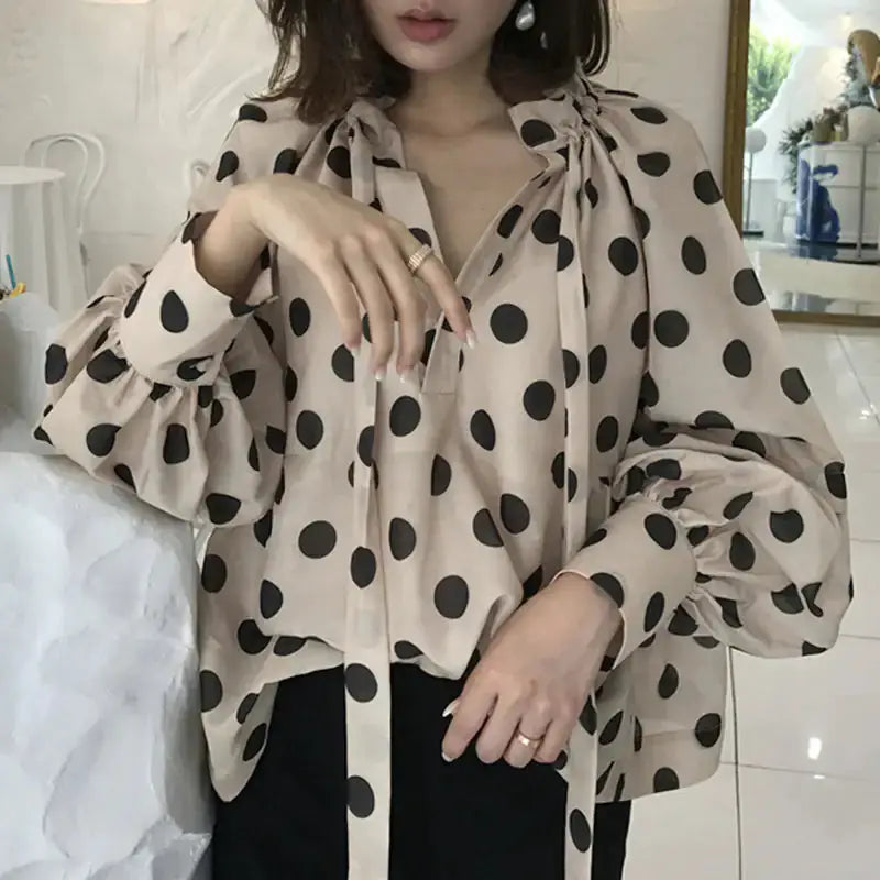 Women's Bow Stand Collar Blouse with Lantern Sleeves by Oz-Direct.com