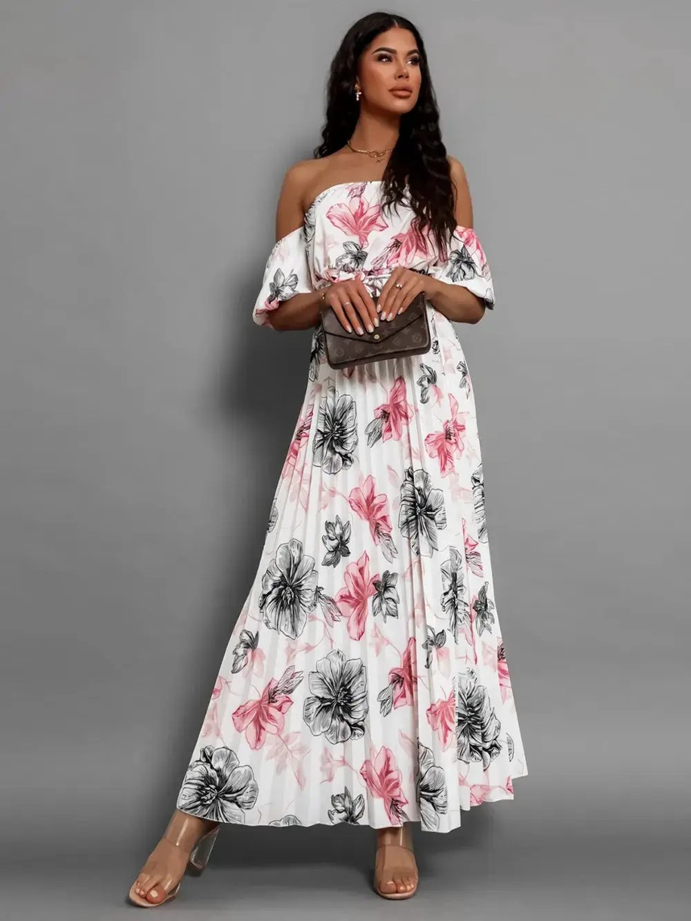 Pleated Floral Off-Shoulder Short Sleeve Midi Dress by Oz-Direct.com