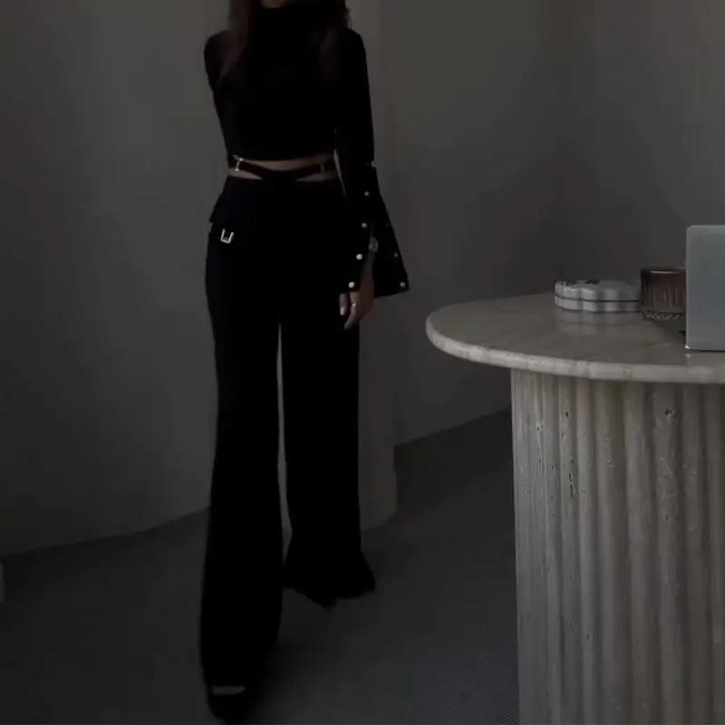 High neck solid color exposed navel sweet and spicy style loose wide leg warehouse set for women by Oz-Direct.com