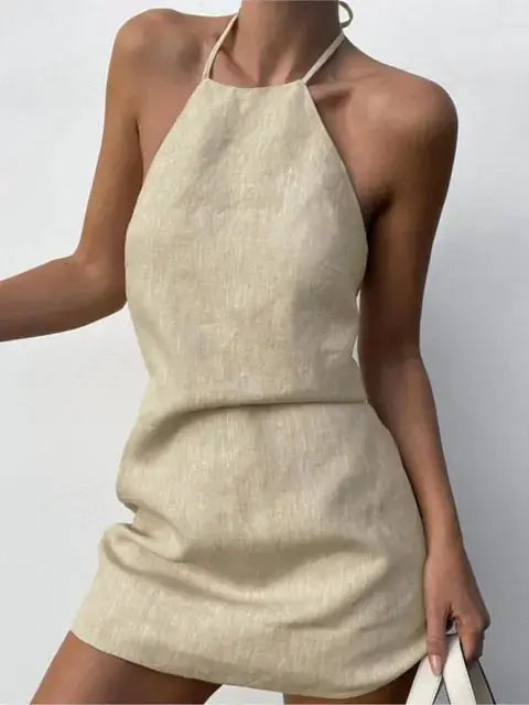Cotton And Linen Backless Mini Halter Dress by Oz-Direct.com