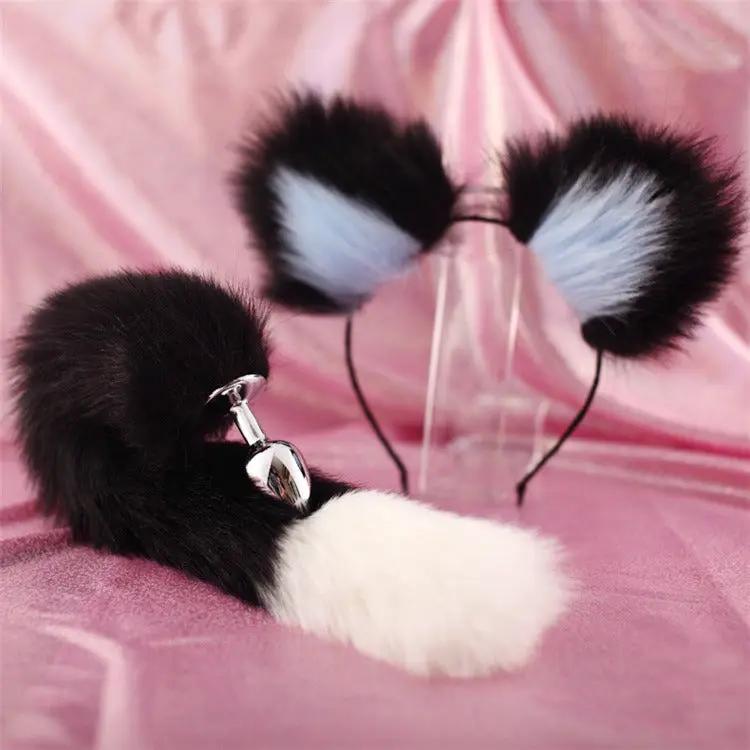 40cm black tailed white pointed bicolor fun plush hair clip with ear role-playing metal anal plug expansion by Oz-Direct.com