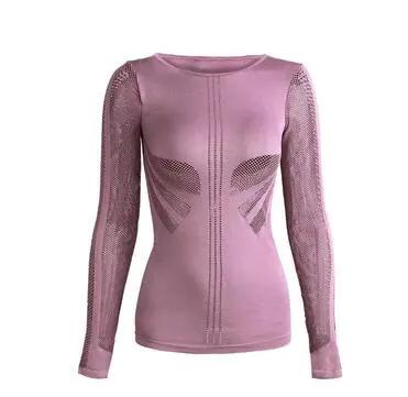 Women's pink mesh long-sleeve athletic top with front panel pattern for gym workouts