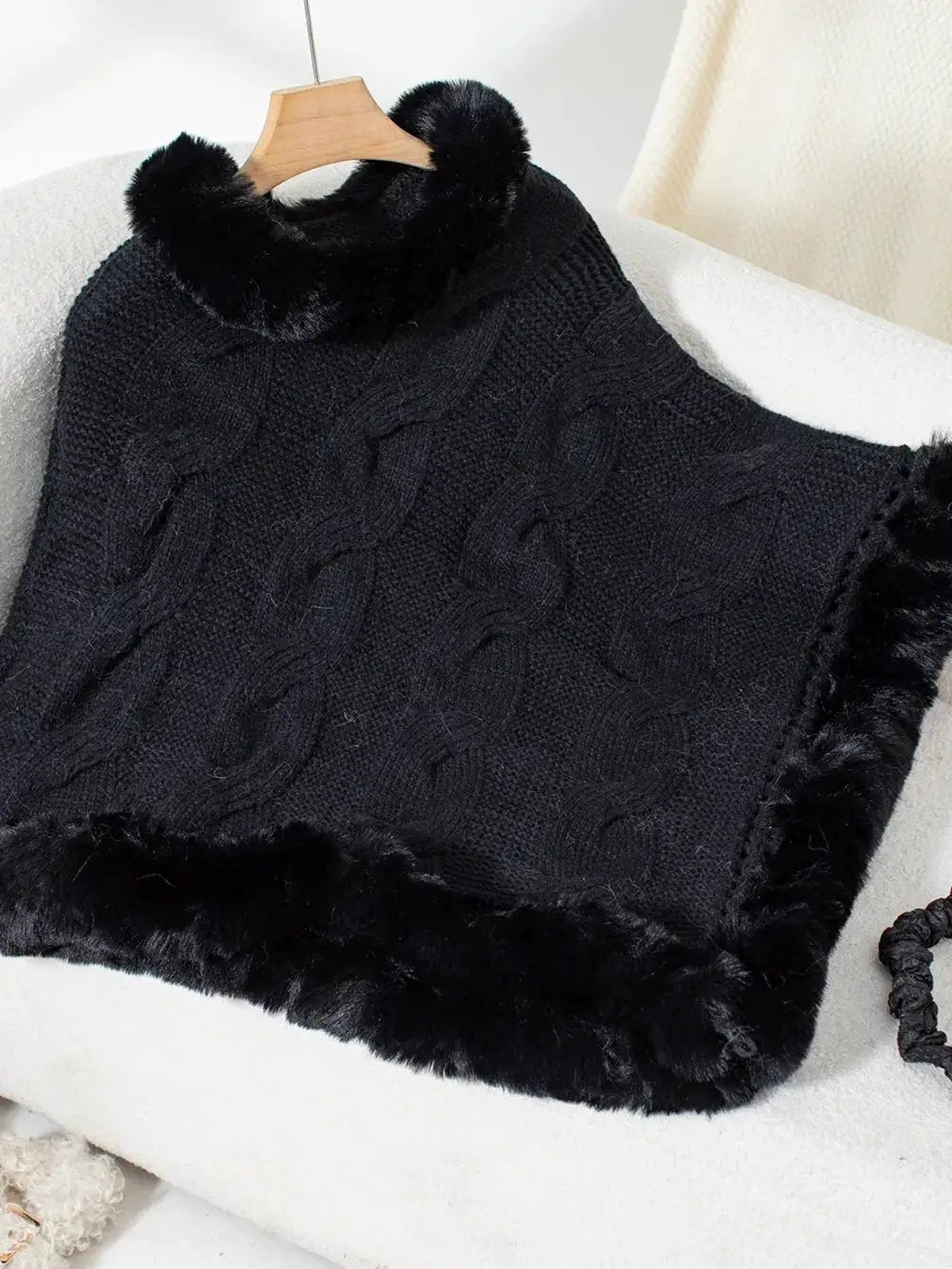Fuzzy Hem Cable-Knit Poncho by Oz-Direct.com