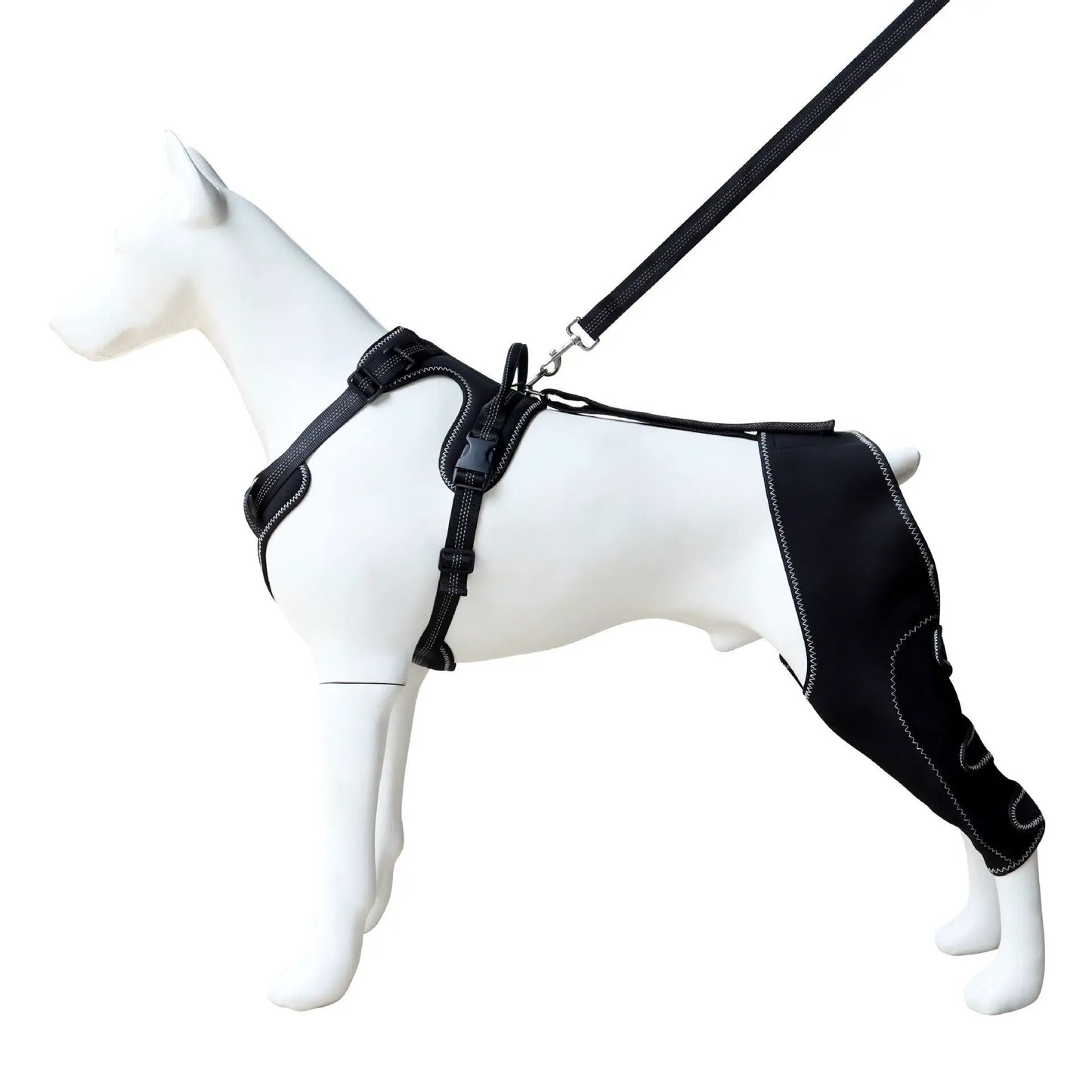 eprolo dog knee brace and leg support harness, black with white stitching for post-surgery joint protection