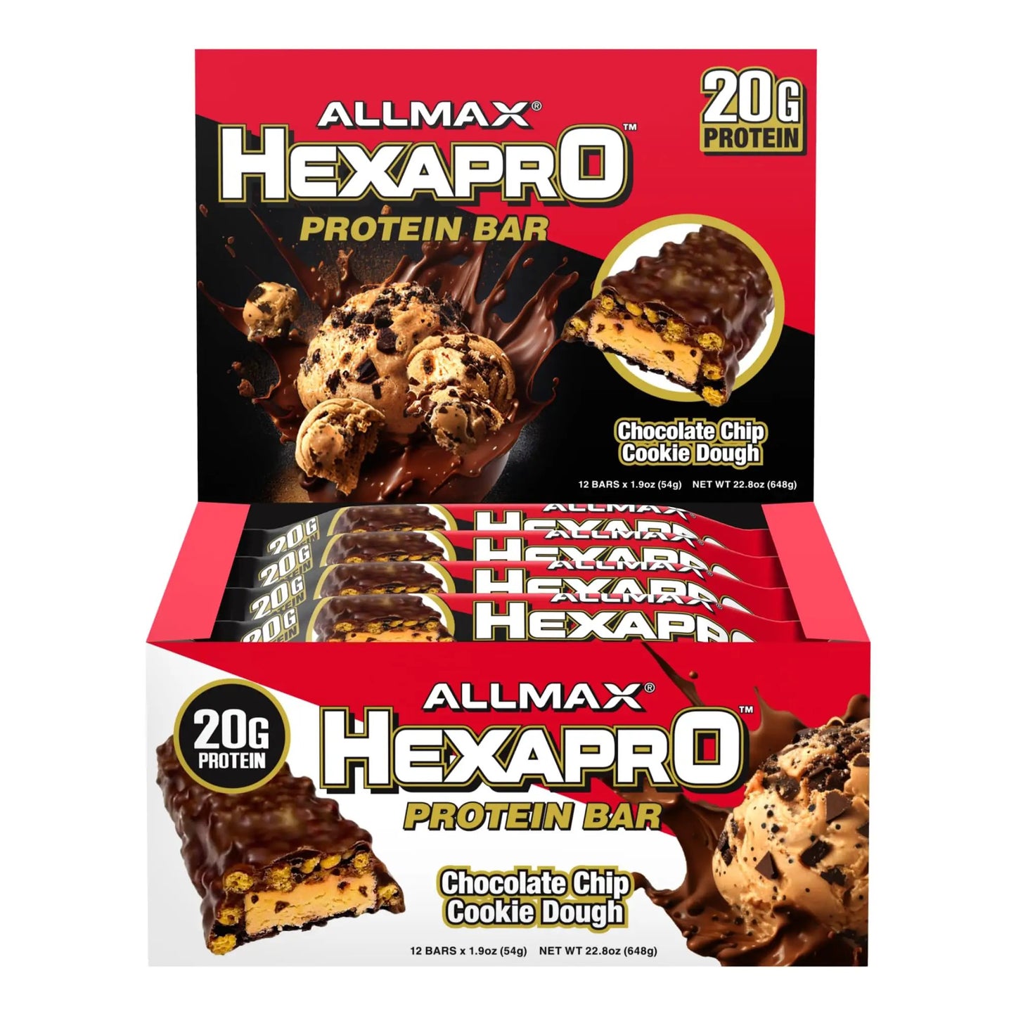 ALLMAX HEXAPRO PROTEIN BAR Chocolate Chip Cookie Dough - Pack of 12 - High-Protein Energy Snack - 20 g of Protein Per Bar - With Whey Protein Isolate by Oz-Direct.com