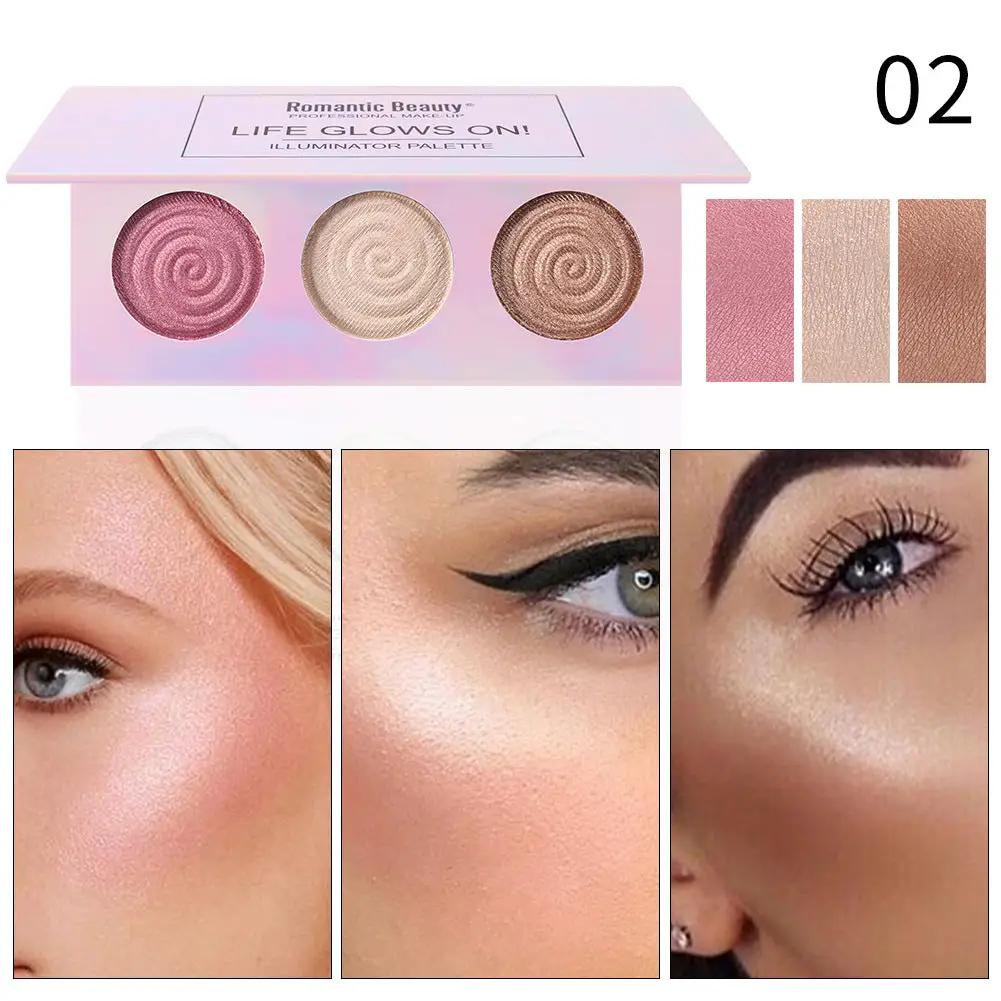 Romantic Beauty Tri-Color Baked Powder Highlighter Palette Pearl Glitter Highlighter Palette by Oz-Direct.com
