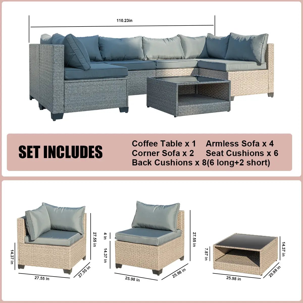7-Piece Patio Furniture Set, All-Weather Boho Outdoor Conversation Set Sectional Sofa with Water Resistant Grey Thick Cushions by Oz-Direct.com