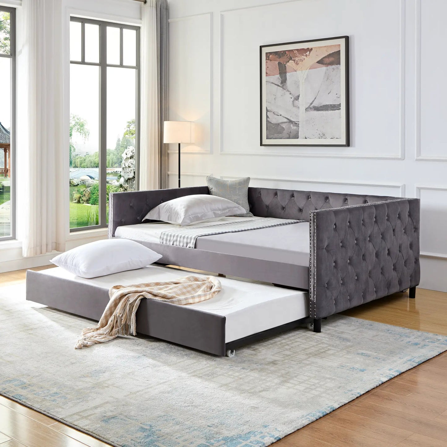 Sofa bed with wheels upgraded velvet upholstered sofa bed (gray, full, (82.75"x 58"x 30.75") by Oz-Direct.com