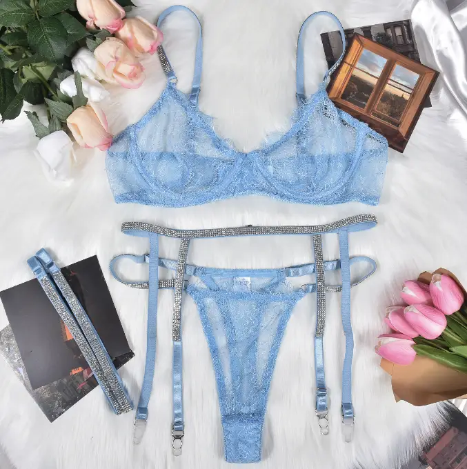 Eyelash Lace Hot Drill Ribbon Sexy Perspective Four-piece Sexy Lingerie Set With Steel Ring by Oz-Direct.com