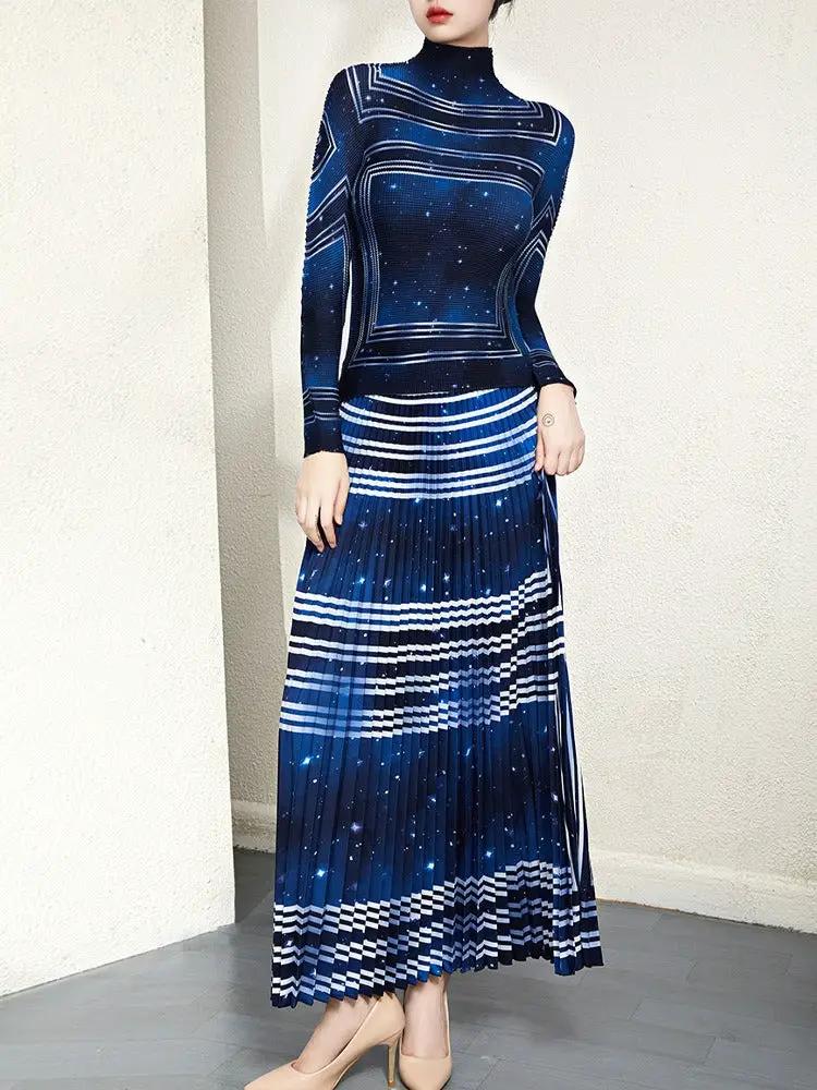 Early autumn pleated for women's clothing spring slimming Milky Way print design feeling niche by Oz-Direct.com