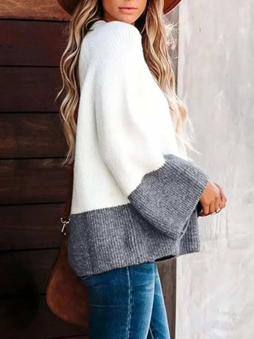 Contrast Round Neck Long Sleeve Sweater by Oz-Direct.com
