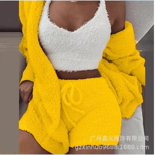 Women's clothing, winter plush home wear, casual 3Pcs pajamas long sleeved shorts sports set by Oz-Direct.com