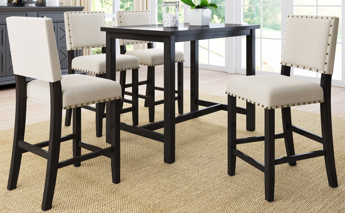TOPMAX 5 Piece Rustic Wooden Counter Height Dining Table Set with 4 Upholstered Chairs for Small Places Espresso+ Beige