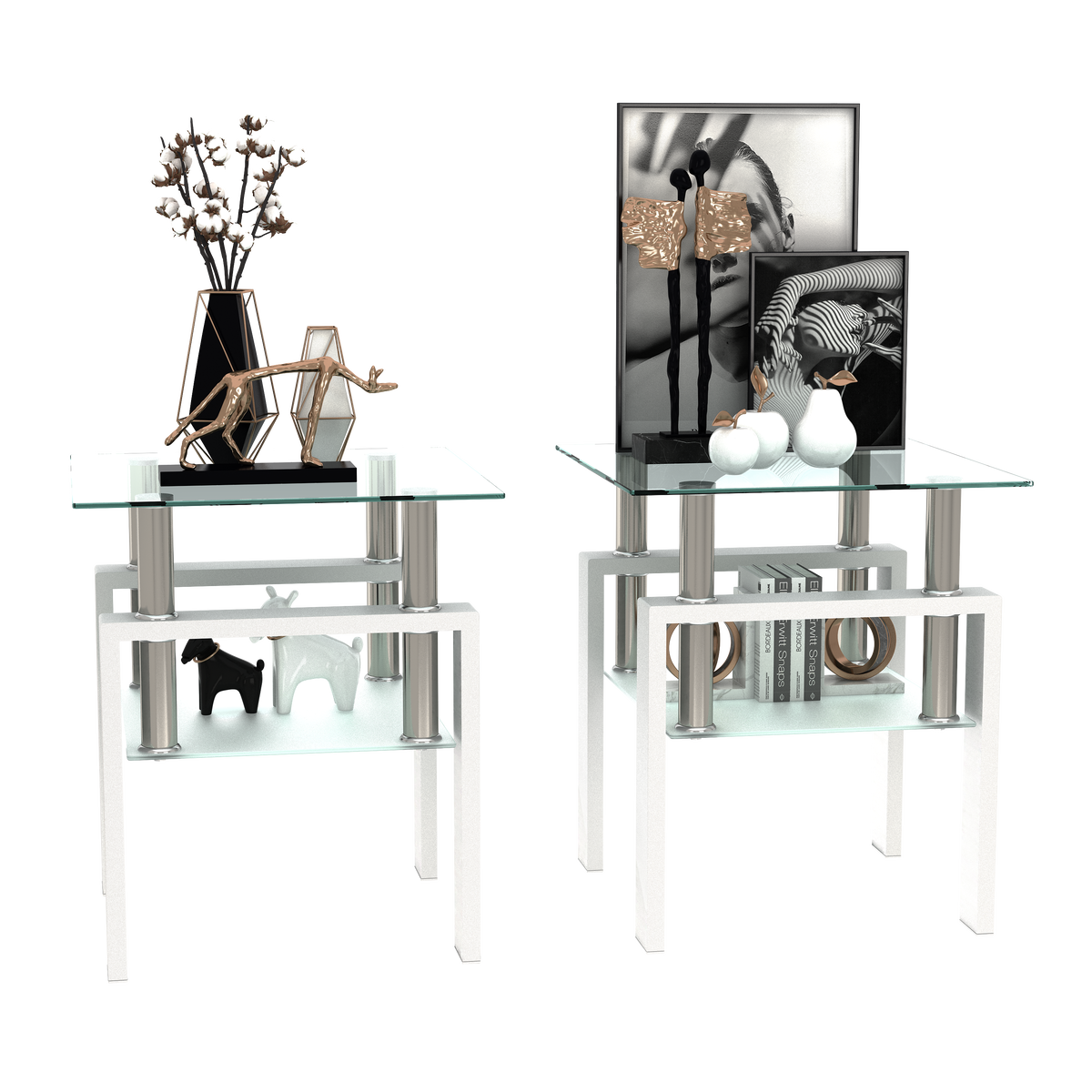Set of 2, Modern Tempered Glass Tea Table Coffee Table End Table, Square Table for Living Room, Transparent/White by Oz-Direct.com