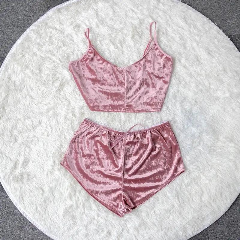 New Fashion Women 2pcs Velvet Sleepwear Sexy Camisole Silky Smooth Shorts Sleeveless Pajama Set Ladies Sleepwear Female by Oz-Direct.com