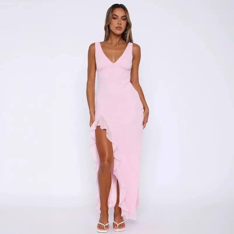 Fashionable V-neck sleeveless black fungus edge slit backless dress by Oz-Direct.com