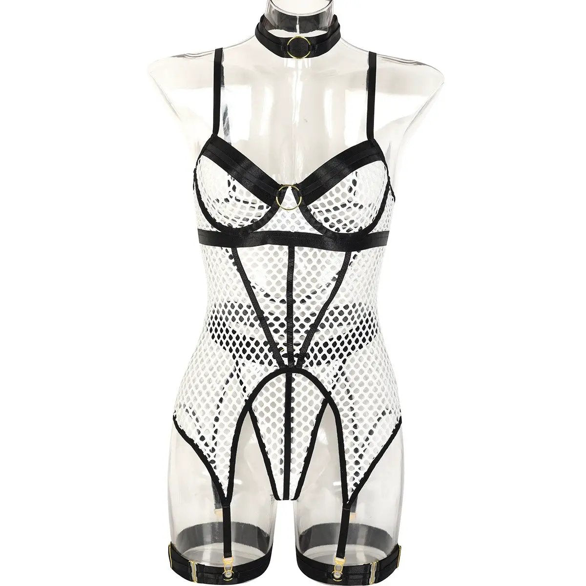 Fun Skirt 3 Piece Set of Quick Selling Popular Large Mesh Splice with Steel Ring Hanging Neck and Leg Ring Underwear 3367 by Oz-Direct.com