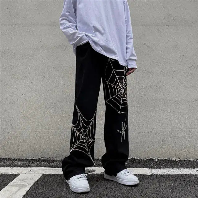 Men's Black Streetwear Spider Web Pants by Oz-Direct.com