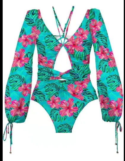 Vintage One Piece Swimsuit Female 2022 Long Sleeve Swimwear Women Plus Size Bathing Suit Print Bandage Summer Bathers Monokini by Oz-Direct.com