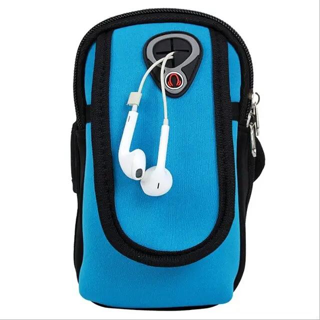 eprolo Sport Arm Running Bag, blue nylon gym pouch for phone with earphones attached