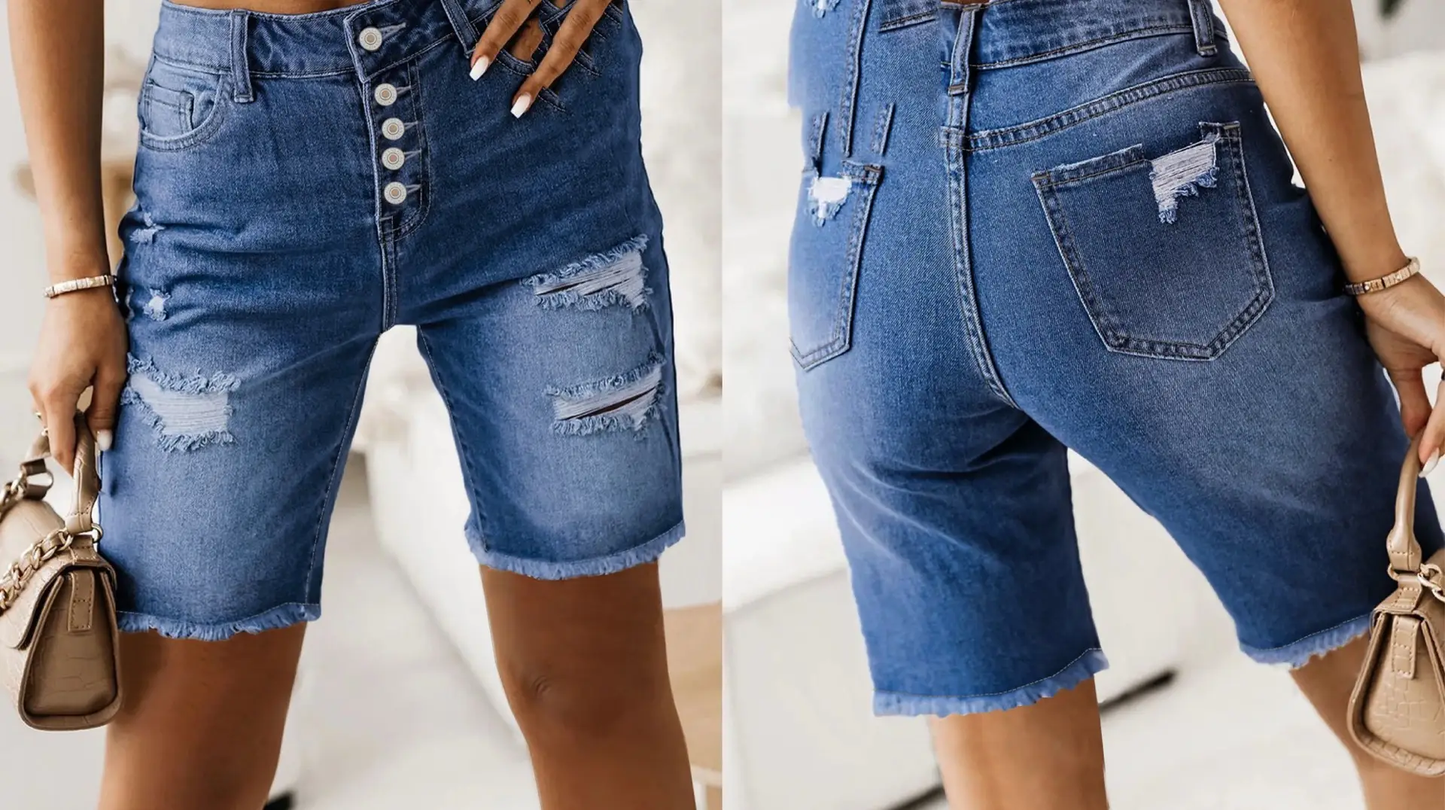 Cotton Denim Shorts Summer Mid-Length Frayed Hem Distressed Hot Pants by Oz-Direct.com