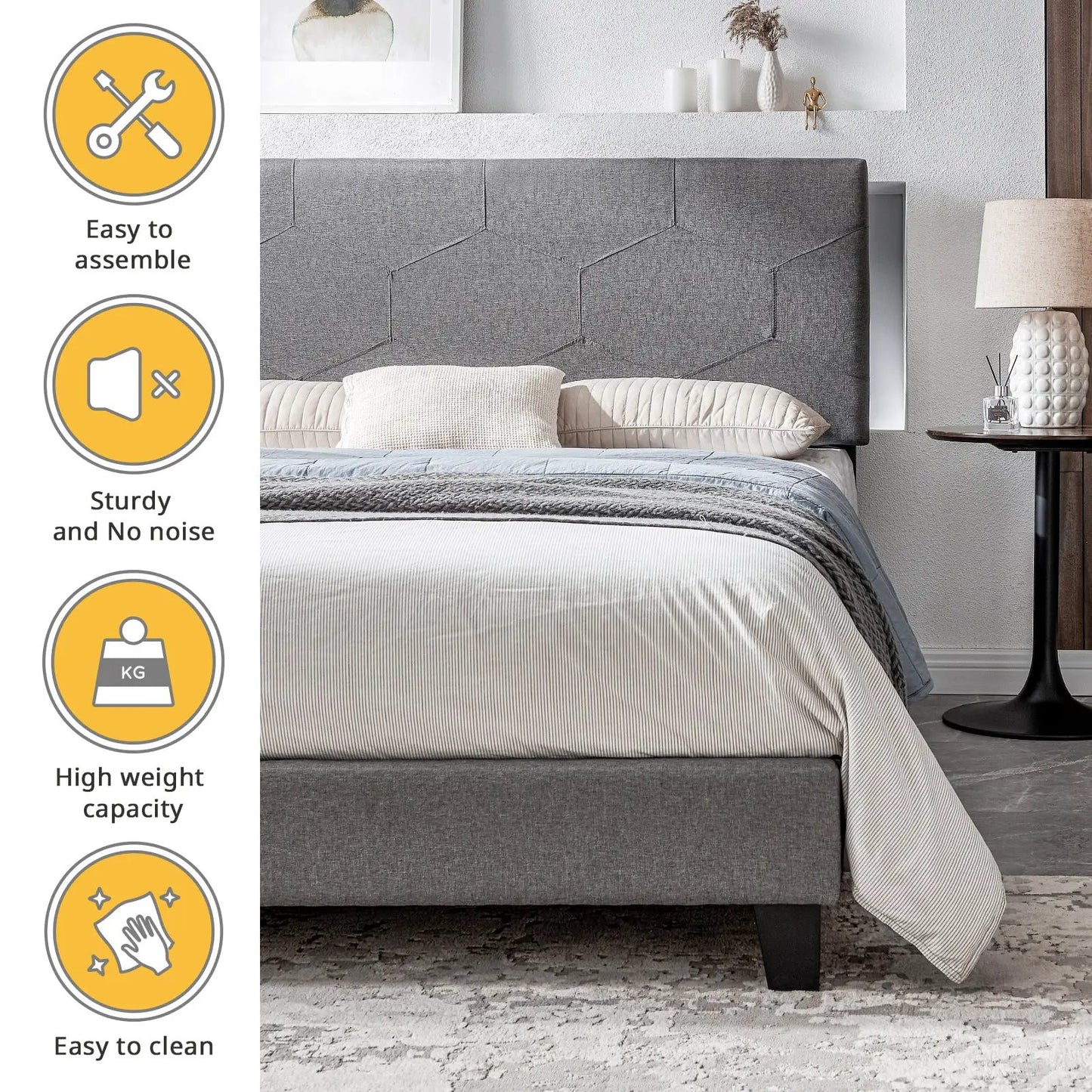Queen Size Upholstered Platform Bed Frame Wood Slat Support Easy Assembly Grey by Oz-Direct.com