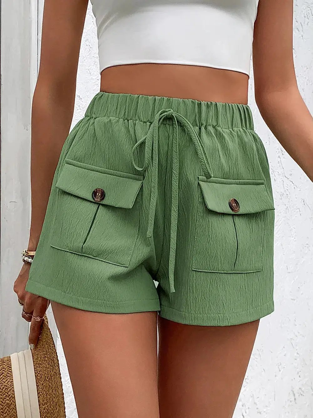 Tied Elastic Waist Shorts with Pockets by Oz-Direct.com
