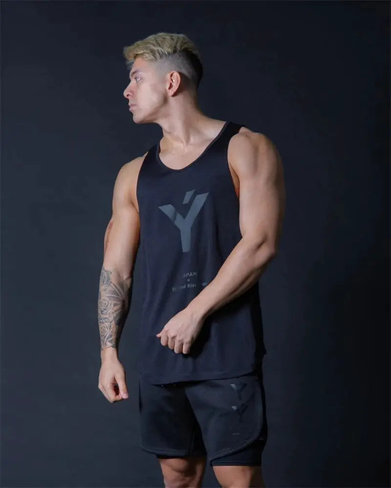 Summer Tank Top Bodybuilding stringer, black sleeveless mesh gym undershirt for men with gray logo by eprolo.