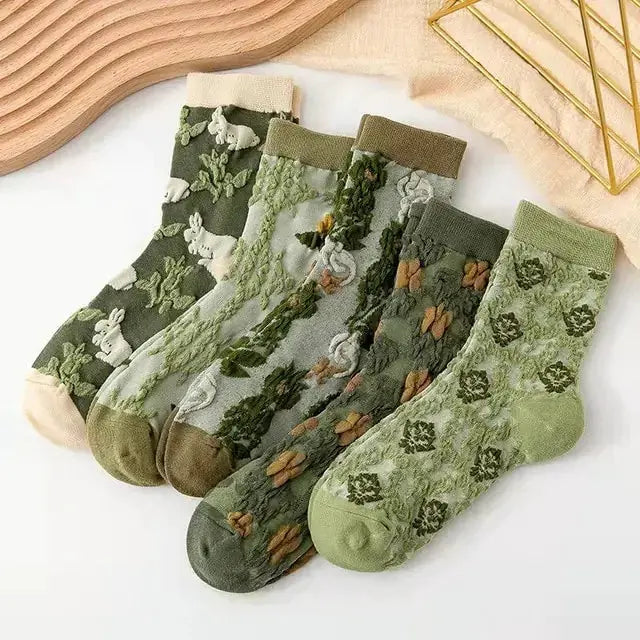 5 Pairs Vintage Flower Embroidery Socks by Oz-Direct.com