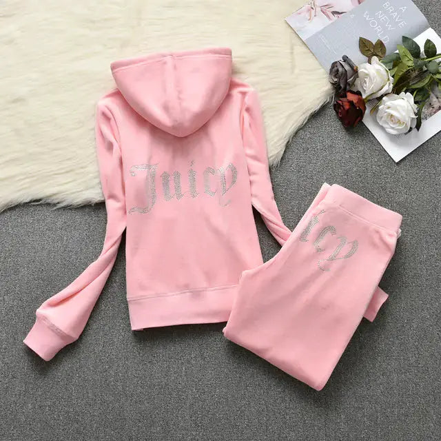 Women's Velvet Rhinestone Zip-Up Tracksuit Set by Oz-Direct.com