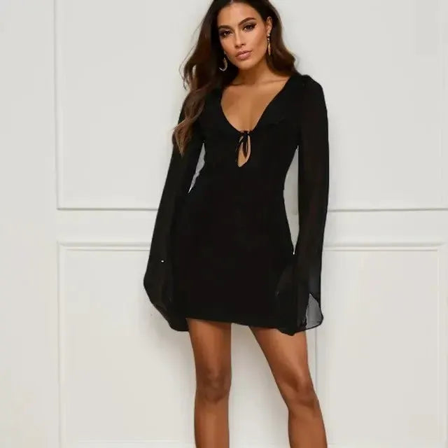 InstLike-Hollow Out Flare Sleeve Mini Dress by Oz-Direct.com