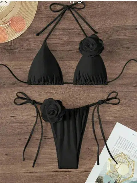 Strappy Halter 3D Flowers Bikini Set by Oz-Direct.com