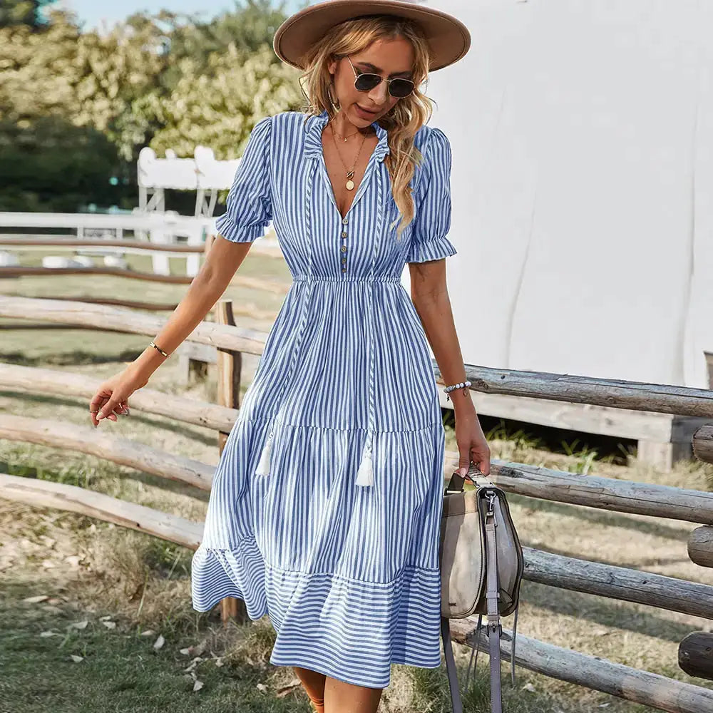 Florenza Short Sleeve Midi Striped Dress by Oz-Direct.com
