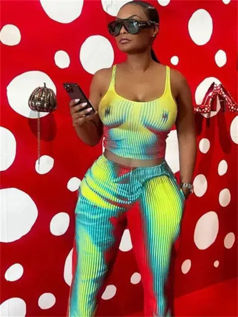 Sleeveless Crop Tops Tie Dye Pants Sets by Oz-Direct.com