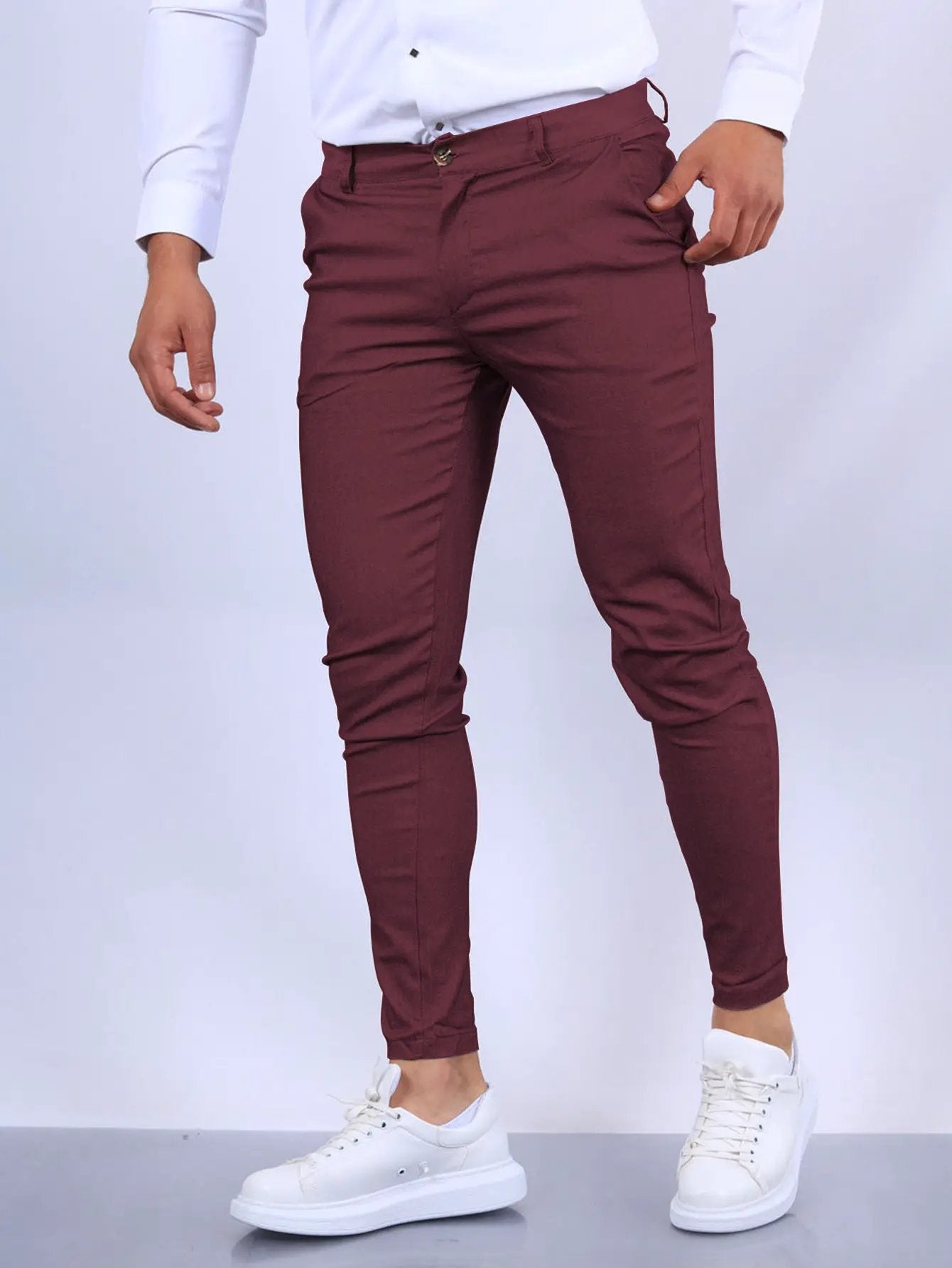 Men's Slim Button Trousers Fashion Solid Office Versatile Long Pencil Pants by Oz-Direct.com