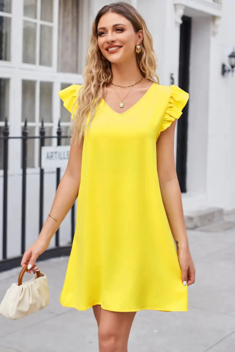 Ruffled V-Neck Flutter Sleeve Dress by Oz-Direct.com