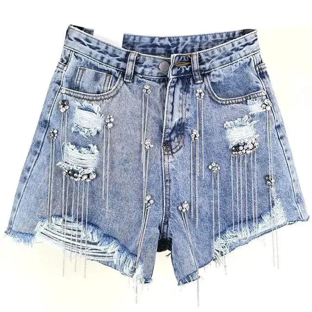 Tassel Rhinestone Denim Shorts by Oz-Direct.com