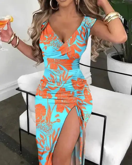 V-Neck Chain Décor High Slit Dress by Oz-Direct.com