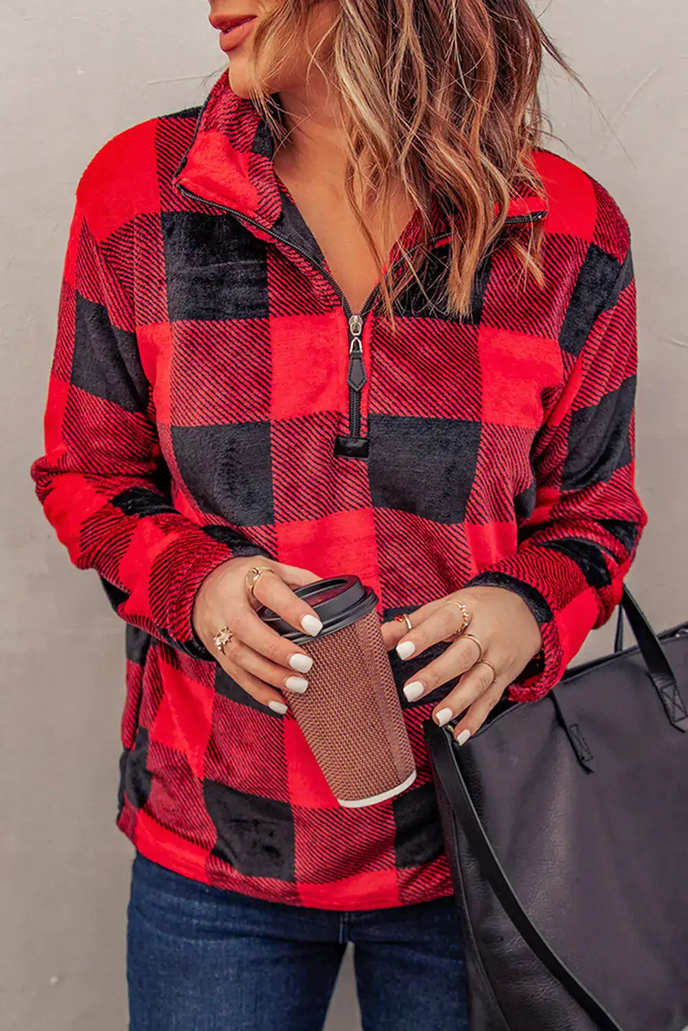 Plaid Print 1/4 Collar Sweatshirt by Oz-Direct.com