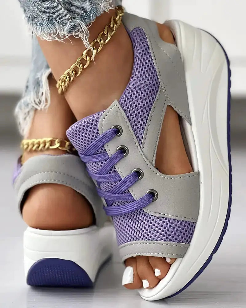 Cutout Lace-up Muffin Sandals by Oz-Direct.com