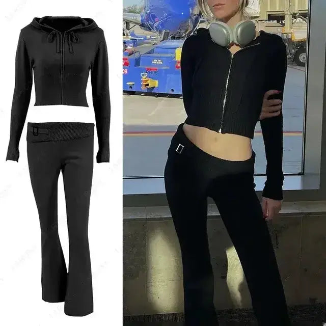 Knitted Hoodie Cropped Top And Pants Set by Oz-Direct.com
