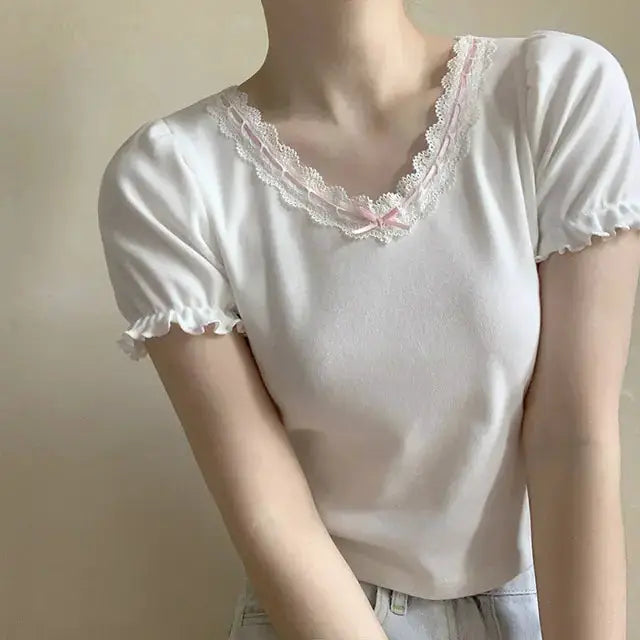 White T-Shirt for Sweet Girl Ribbon Lace Trim V-Neck Bowknot Puff Sleeve Slim Cotton TShirt Kawaii Clothes Summer Tops by Oz-Direct.com